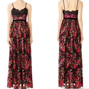 Marchesa Notte Black Pink Embroidered Lace Long Dress Formal Gown Size 0